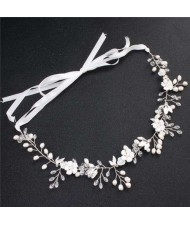 Pearl and Enamel Flowers Wedding Women Bridal Headband/ Hair Ornament - Silver