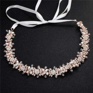 Rhinestone and Pearl Floral Design Bridal Women Headband/ Hair Ornament - Golden