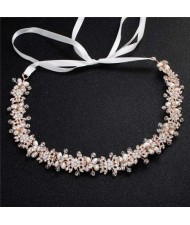 Rhinestone and Pearl Floral Design Bridal Women Headband/ Hair Ornament - Golden