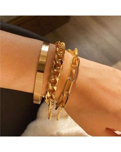 U.S. High Fashion Mixed Chains Design Women Alloy Costume Bracelet Set - Golden