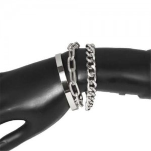 U.S. High Fashion Mixed Chains Design Women Alloy Costume Bracelet Set - Platinum