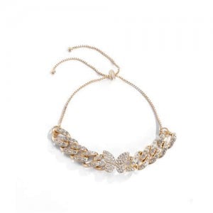 Rhinestone Emebellished Butterfly Design Cuban Chain Fashion Bracelet - Golden