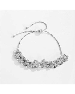 Rhinestone Emebellished Butterfly Design Cuban Chain Fashion Bracelet - Platinum