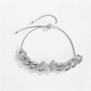 Rhinestone Emebellished Butterfly Design Cuban Chain Fashion Bracelet - Platinum