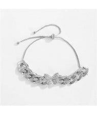 Rhinestone Emebellished Butterfly Design Cuban Chain Fashion Bracelet - Platinum