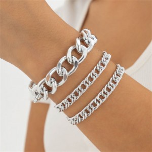 Vintage Chunky Chain Design Hip-hop Style Alloy Bracelet Set - Silver