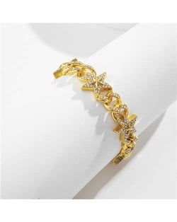 Shining Rhinestone Embellished Cuban Chain Women Fashion Bracelet - Golden