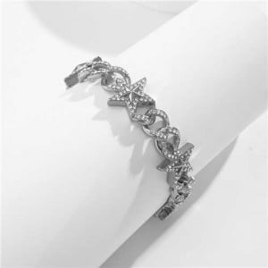 Shining Rhinestone Embellished Cuban Chain Women Fashion Bracelet - Silver