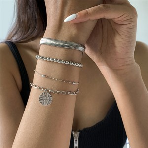 Bells and Geometric Pendants Decorated High Fashion Women Bracelet Set - Silver