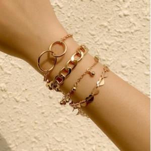 Hearts and Chain Combo with Bells Tassel Design Women Alloy Fashion Bracelet Set - Golden