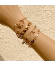 Hearts and Chain Combo with Bells Tassel Design Women Alloy Fashion Bracelet Set - Golden