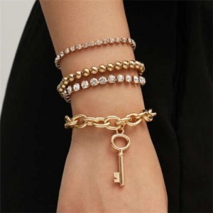 Rhinestone Embellished Vintage Chain with Key Pendant Punk Fashion Bracelet Set - Golden