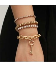 Rhinestone Embellished Vintage Chain with Key Pendant Punk Fashion Bracelet Set - Golden