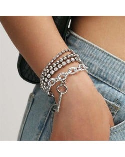 Rhinestone Embellished Vintage Chain with Key Pendant Punk Fashion Bracelet Set - Silver