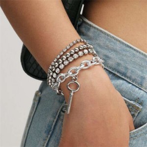 Rhinestone Embellished Vintage Chain with Key Pendant Punk Fashion Bracelet Set - Silver