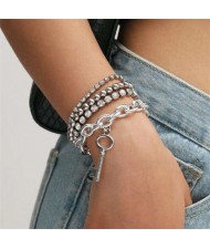 Rhinestone Embellished Vintage Chain with Key Pendant Punk Fashion Bracelet Set - Silver