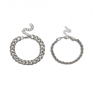 High Fashion Mixed Chains Design Creative Women Alloy Bracelet Set - Silver