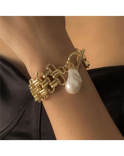 Pearl Pendant Chunky Chain Punk Fashion Alloy Bracelet - Golden