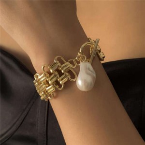 Pearl Pendant Chunky Chain Punk Fashion Alloy Bracelet - Golden