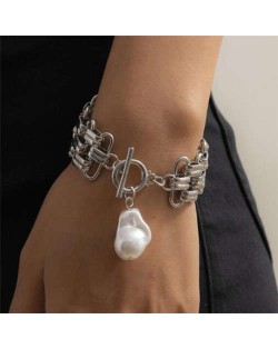 Pearl Pendant Chunky Chain Punk Fashion Alloy Bracelet - Silver