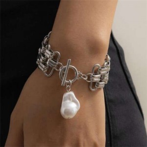 Pearl Pendant Chunky Chain Punk Fashion Alloy Bracelet - Silver