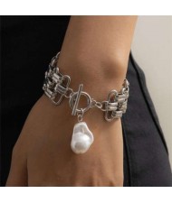 Pearl Pendant Chunky Chain Punk Fashion Alloy Bracelet - Silver