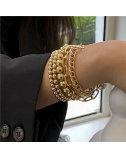 Hip-hop Golden Beads Triple Layers Alloy Women Fashion Bracelet Set