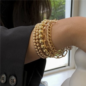 Hip-hop Golden Beads Triple Layers Alloy Women Fashion Bracelet Set