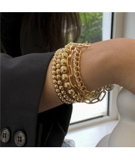 Hip-hop Golden Beads Triple Layers Alloy Women Fashion Bracelet Set