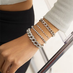 Rhinestone Embellished Cold Fashion Women Alloy Bracelet Set - Silver