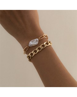 Original Shape Pearl Pendant Baroque Fashion Alloy Costume Bracelet Set - Golden