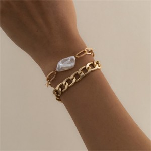 Original Shape Pearl Pendant Baroque Fashion Alloy Costume Bracelet Set - Golden