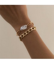 Original Shape Pearl Pendant Baroque Fashion Alloy Costume Bracelet Set - Golden