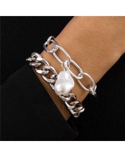 Original Shape Pearl Pendant Baroque Fashion Alloy Costume Bracelet Set - Silver