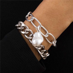 Original Shape Pearl Pendant Baroque Fashion Alloy Costume Bracelet Set - Silver