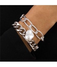 Original Shape Pearl Pendant Baroque Fashion Alloy Costume Bracelet Set - Silver