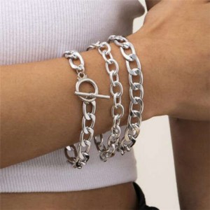 Hollow Chain Design Punk Fashion Vintage Triple Bracelet Set - Silver