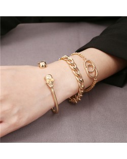 Skull Design Punk Fashion Triple Alloy Bracelet Set - Golden