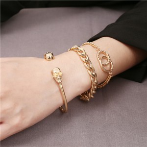 Skull Design Punk Fashion Triple Alloy Bracelet Set - Golden