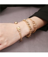 Skull Design Punk Fashion Triple Alloy Bracelet Set - Golden