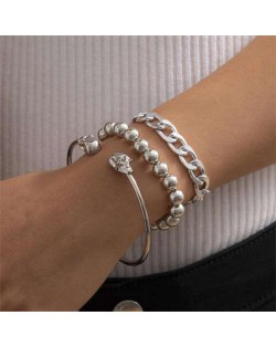 Skull Design Punk Fashion Triple Alloy Bracelet Set - Silver