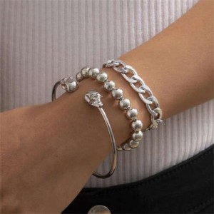 Skull Design Punk Fashion Triple Alloy Bracelet Set - Silver
