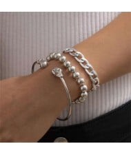 Skull Design Punk Fashion Triple Alloy Bracelet Set - Silver