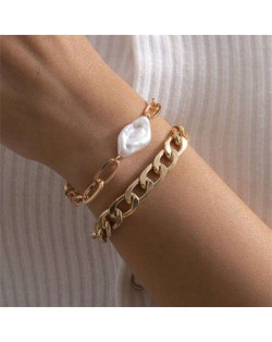Irregular Pearl Embellished Dual Layers Alloy Women Fashion Bracelet Set - Golden