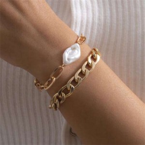 Irregular Pearl Embellished Dual Layers Alloy Women Fashion Bracelet Set - Golden