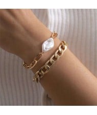 Irregular Pearl Embellished Dual Layers Alloy Women Fashion Bracelet Set - Golden