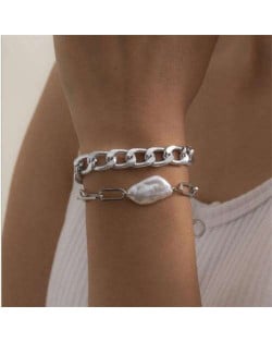 Irregular Pearl Embellished Dual Layers Alloy Women Fashion Bracelet Set - Silver