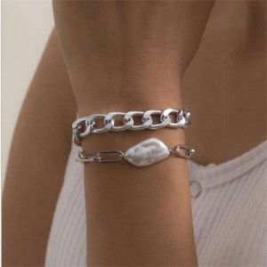 Irregular Pearl Embellished Dual Layers Alloy Women Fashion Bracelet Set - Silver