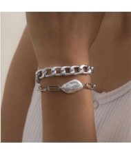 Irregular Pearl Embellished Dual Layers Alloy Women Fashion Bracelet Set - Silver