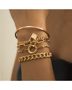 Rhinestone Inlaid U.S. High Fashion Triple Layers Women Alloy Bracelet Set - Golden